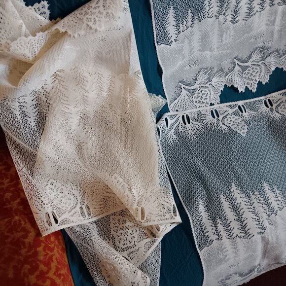 Set 3 Vtg Mantle Scarf Pinecone Pine Trees 22x60” White Heritage Lace Cabin - Picture 2 of 7